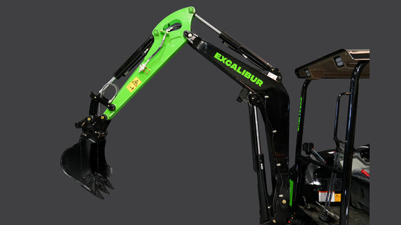 Excalibur backhoe attachment in vivid green and black, showcasing its powerful digging capabilities.