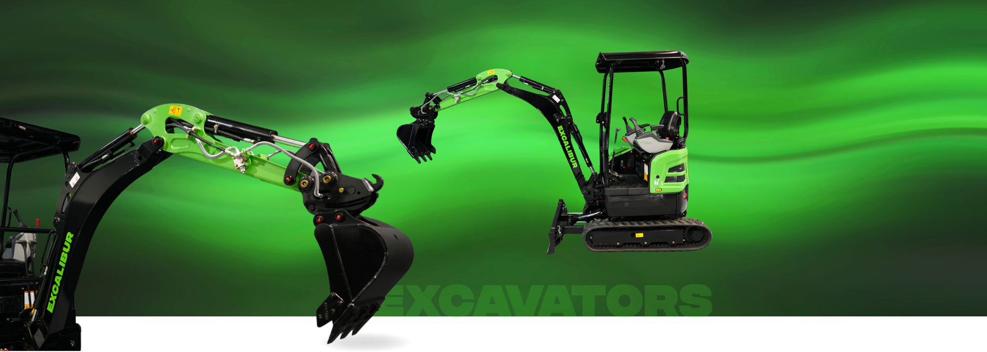 Compact excavator with a distinctive green design on a vibrant green background, showcasing its articulated arm.