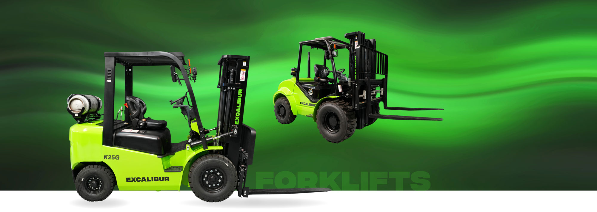 Two Excalibur forklifts on a green background, showcasing their design and functionality for efficient material handling.