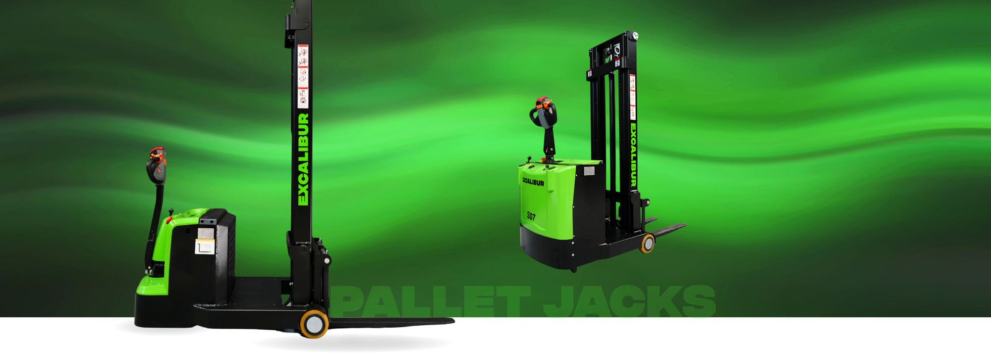Image showcasing green pallet jacks on a vibrant background, highlighting their features and efficiency in material handling.