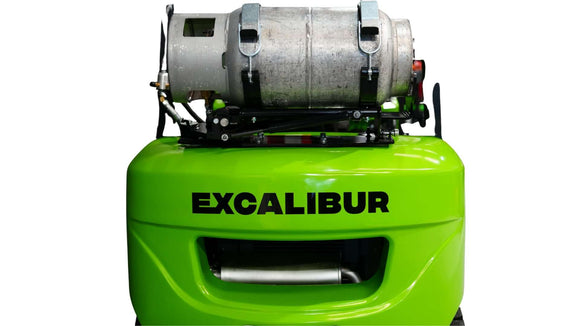 Excalibur 2.5 Tonne LPG Forklift front view with gas cylinder mounted, designed for heavy lifting in industrial settings.