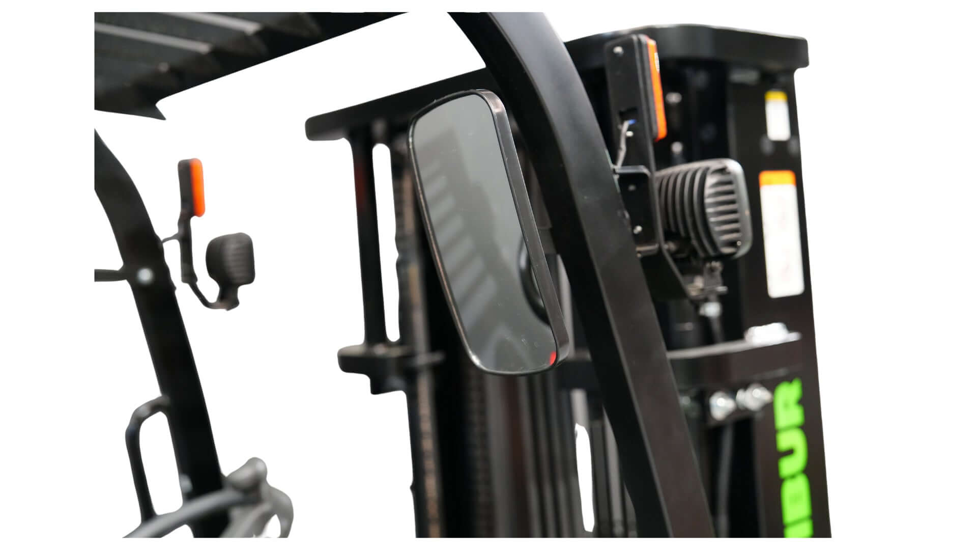 Close-up of the side mirror and controls on a 2.5 Tonne Diesel Forklift from Excalibur Machinery.