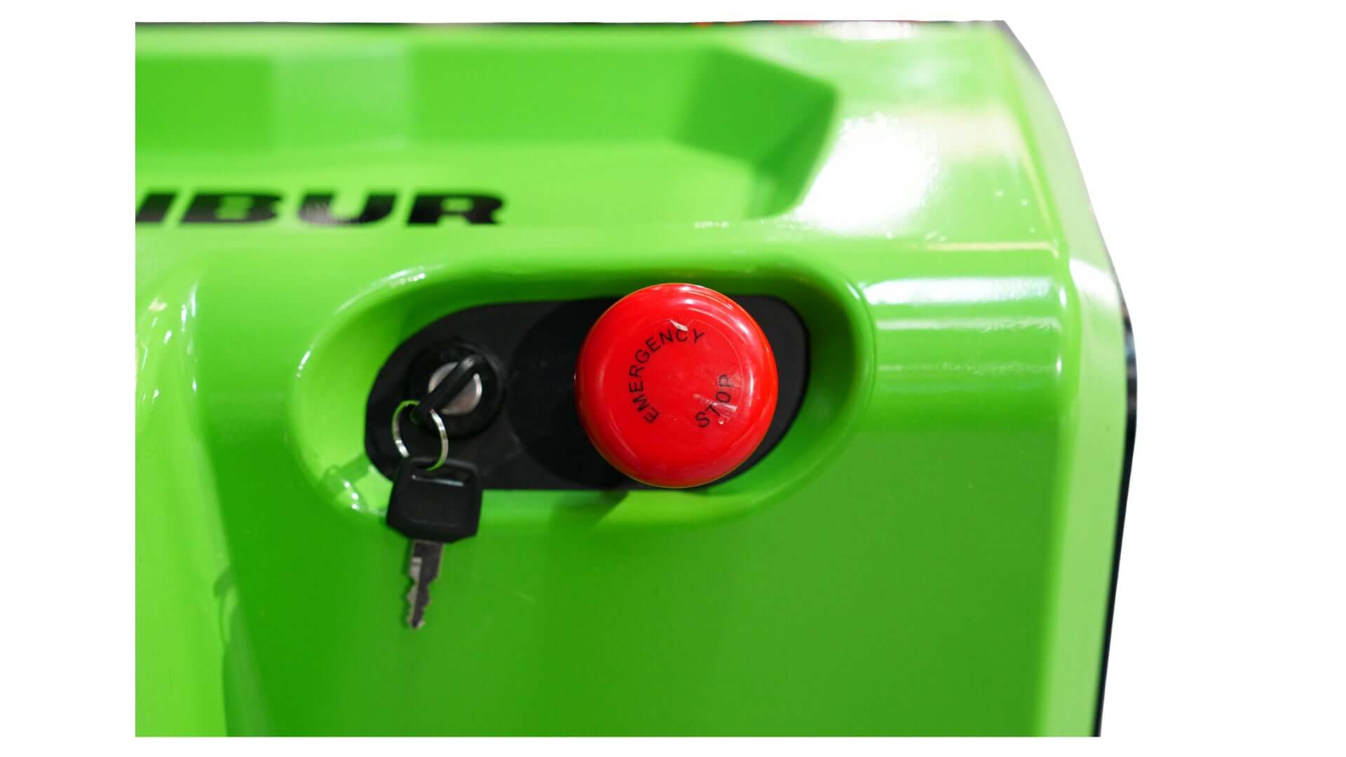 Close-up of the control panel on the 1 Tonne Electric Pallet Jack featuring a red emergency stop button.