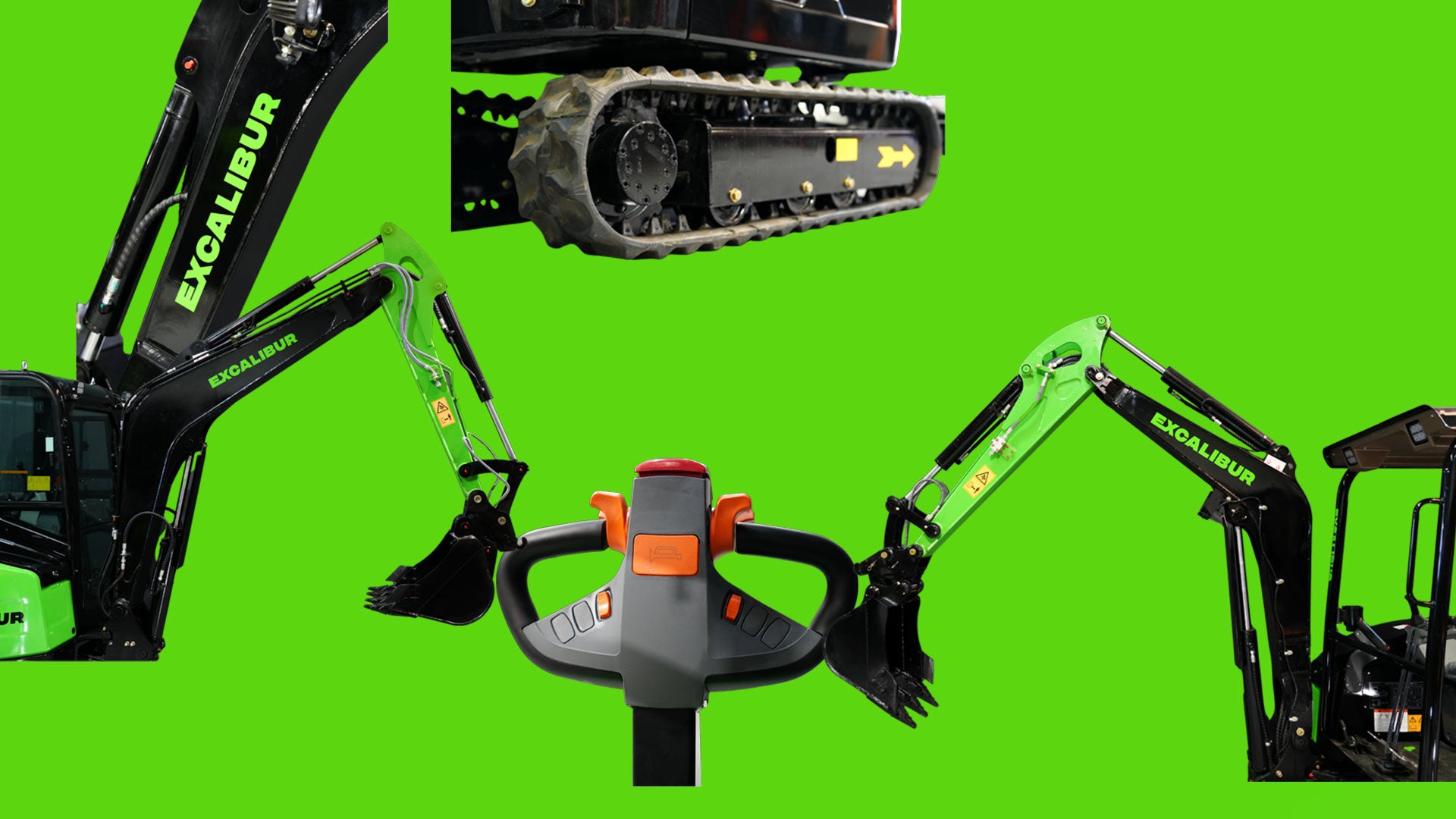 Collage of Excalibur excavator parts, including arm, tracks, and operator controls on a vibrant green background.