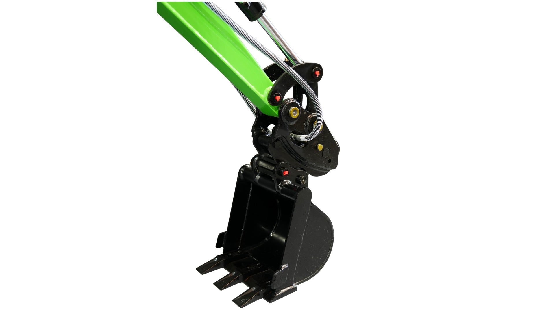 Excalibur Machinery 1.2 Tonne Excavator arm with a digging bucket attachment, showcasing its sturdy design and functionality.
