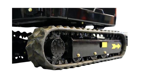 Close-up of the rubber tracks on a compact 1.2 Tonne Excavator showcasing durability and grip.