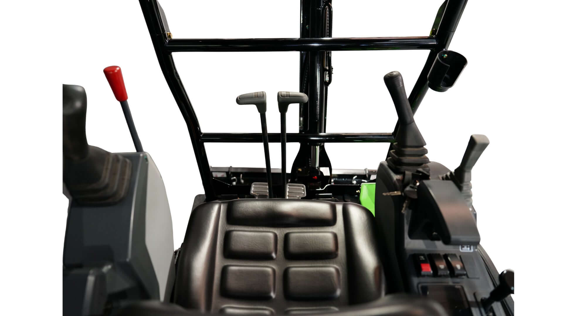 Interior view of a 1.8 Tonne Excavator cockpit, featuring control levers and the operator seat for heavy duty performance.