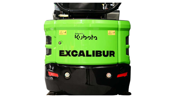 Back view of the Excalibur 1.8 Tonne Excavator showcasing the powerful Kubota branding.