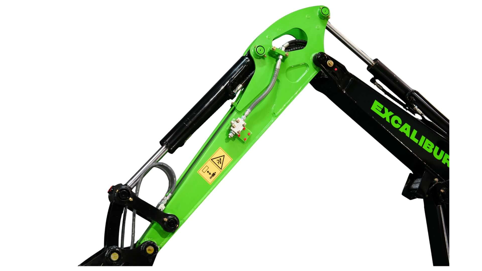 Excalibur Machinery 1.8 Tonne Excavator hydraulic arm detail, showcasing heavy-duty components and design.
