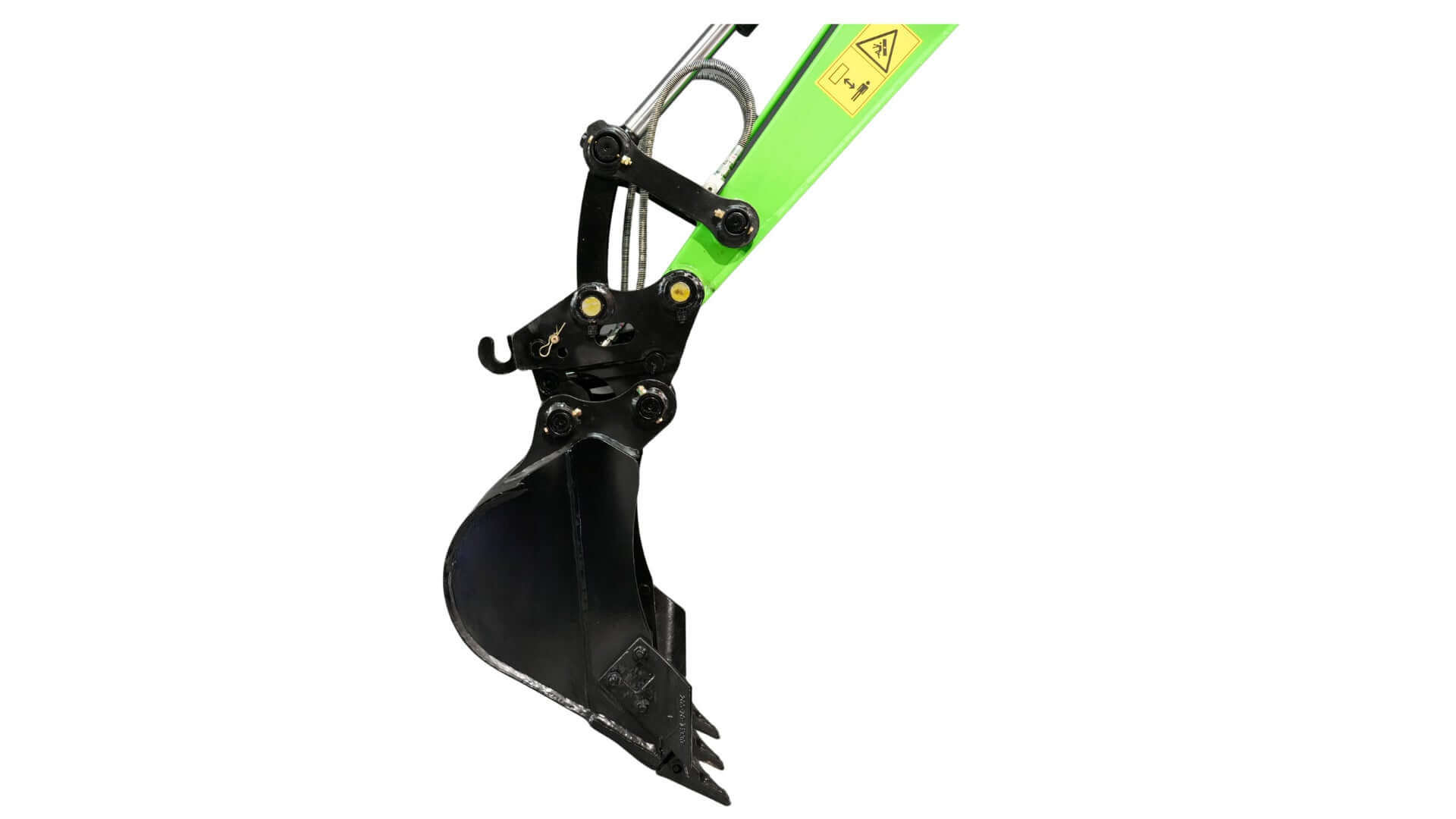 Close-up of the Excalibur 1.8 Tonne Excavator's bucket attachment, showcasing heavy-duty construction.