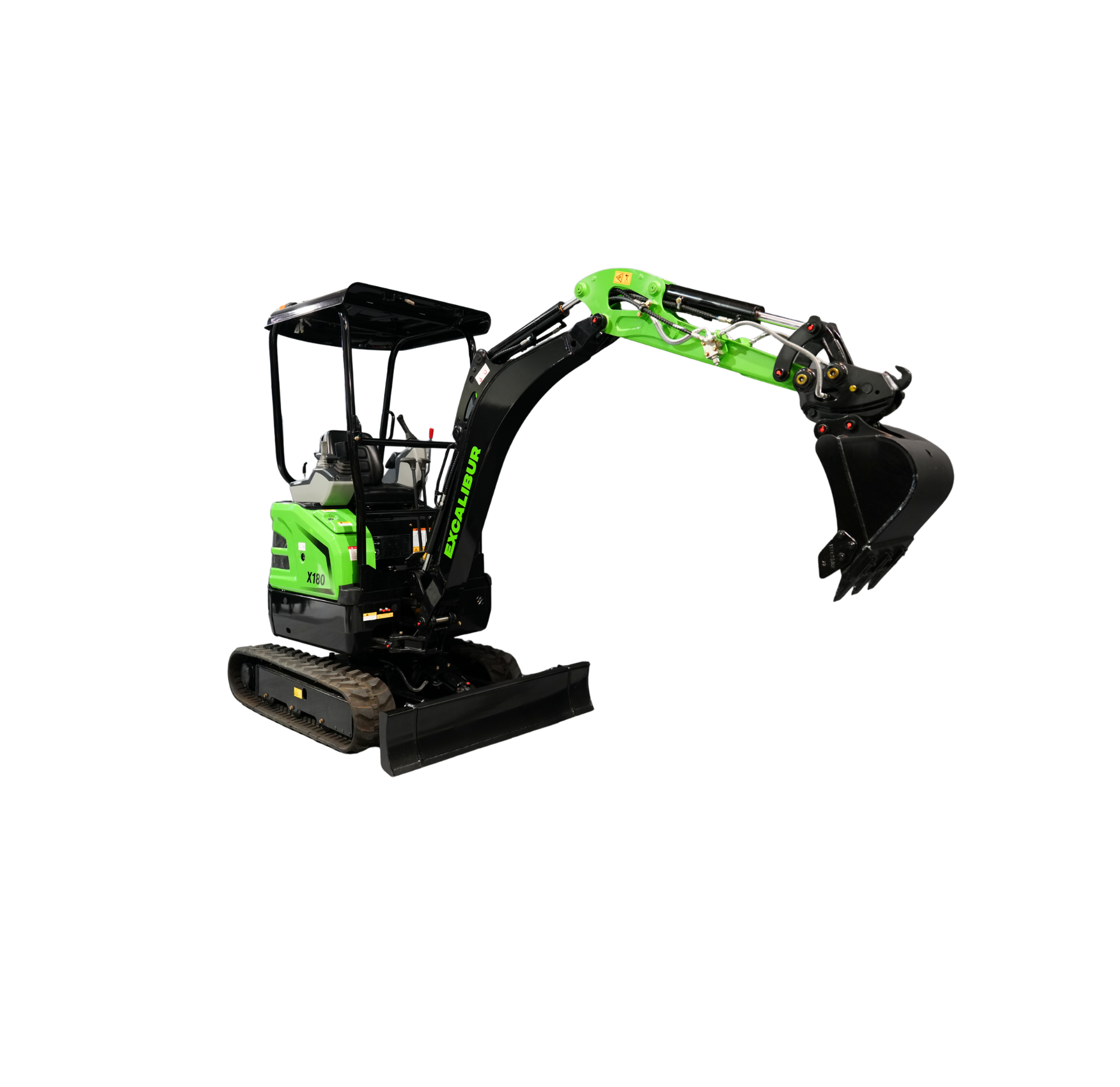 Compact excavator with green and black design, featuring a digging arm and rubber tracks for construction work.