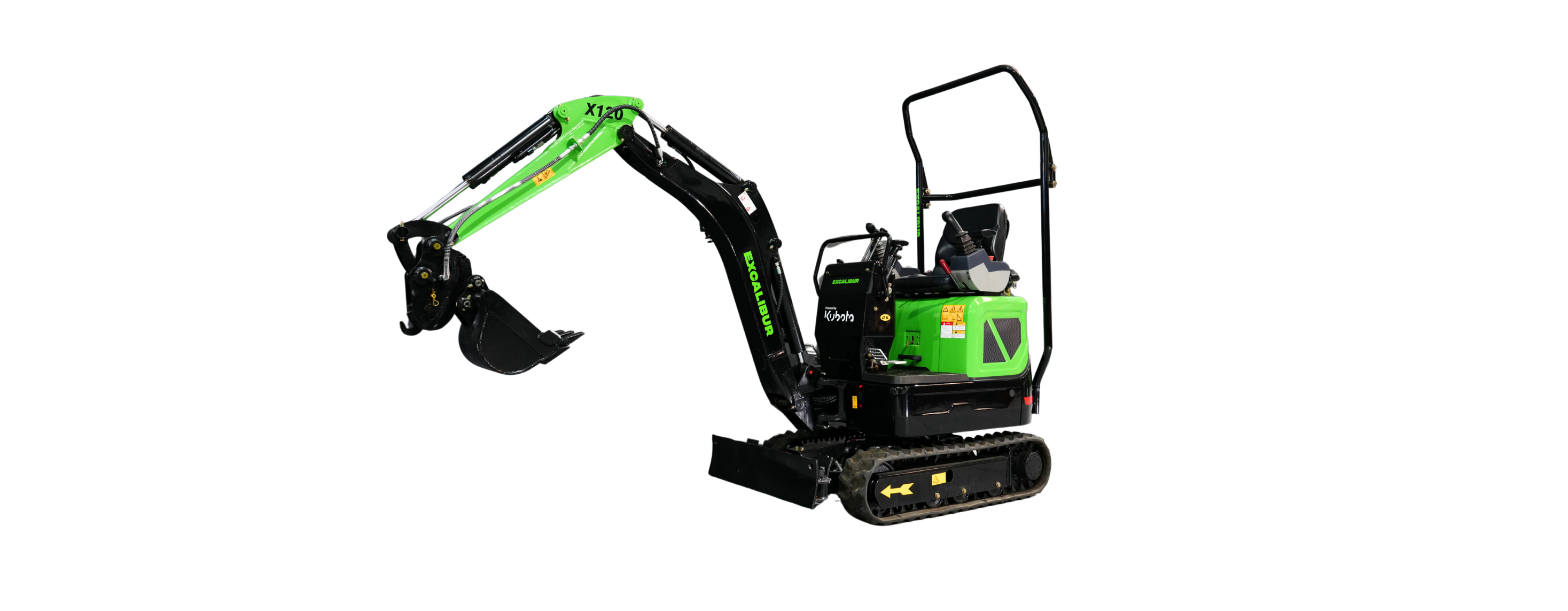 Compact excavator with a green design and attached bucket, perfect for construction and landscaping projects.