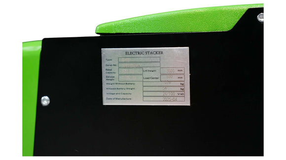 Specification label on electric pallet jack showing load capacity and dimensions.