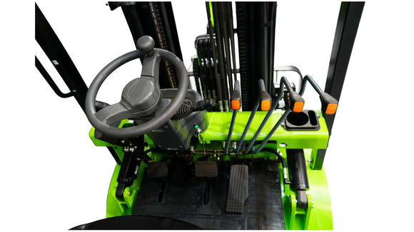 Overhead view of a 2.5 Tonne Diesel Forklift's control panel and steering, showcasing operational features.