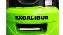 Close-up of the bright green front panel of an Excalibur forklift, showcasing the brand name 'EXCALIBUR' prominently.