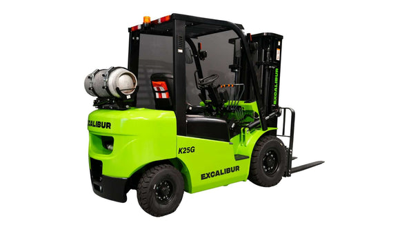 Excalibur Machinery 2.5 Tonne LPG forklift showcasing robust design and efficient performance for heavy lifting.