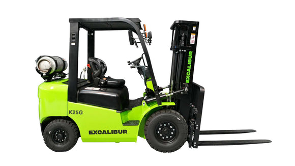 Green Excalibur K25G forklift side view, ideal for warehouse and material handling applications.