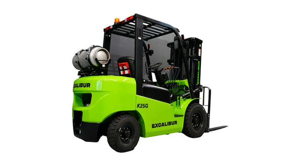 Excalibur 2.5 Tonne LPG Forklift, green, reliable for industrial lifting and warehouse operations.