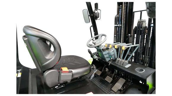 Interior view of a 3.5 tonne 4WD forklift featuring ergonomic seat and control panel for enhanced operator comfort.