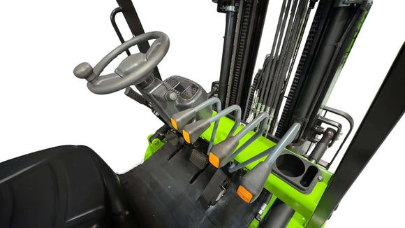 3.5 Tonne 4WD Forklift control panel with levers and steering wheel for precise material handling.