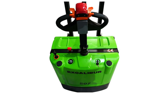 Excalibur 700kg electric pallet jack with ergonomic handle and controls, designed for efficient material handling.