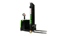 Compact Excalibur electric forklift with lifting forks for efficient warehouse operations.