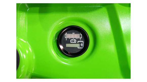 Close-up of the battery indicator on a green electric pallet jack, showcasing load capacity features.