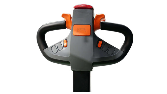 Control handle of the 700kg Electric Pallet Jack with ergonomic buttons for easy operation and maneuverability.