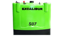 Excalibur S07 electric pallet jack battery in vibrant green color, designed for efficiency and reliability in materials handling.