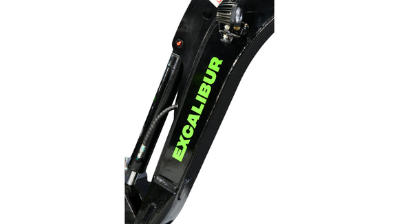 Close-up of Excalibur Machinery branding on a 1.2 Tonne Excavator hydraulic arm.