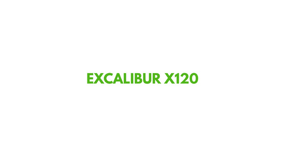 Excalibur X120 logo representing compact excavator machinery for heavy-duty performance.