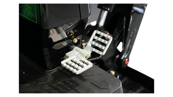 Close-up of foot pedals on the Excalibur 1.2 Tonne Excavator, highlighting ergonomic design for operator comfort.