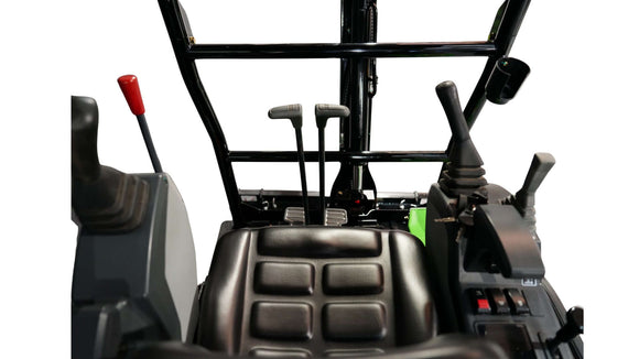 Interior view of a 1.8 Tonne Excavator cockpit, featuring control levers and the operator seat for heavy duty performance.