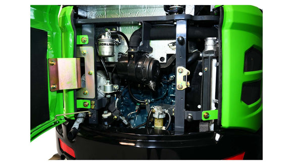 Inside view of the Excalibur Machinery 1.8 Tonne Excavator engine, showcasing the reliable Kubota D902 engine and components.