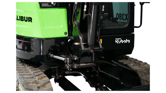 Close-up of Excalibur 3.8 Tonne Excavator showing Kubota engine and hydraulic system components.