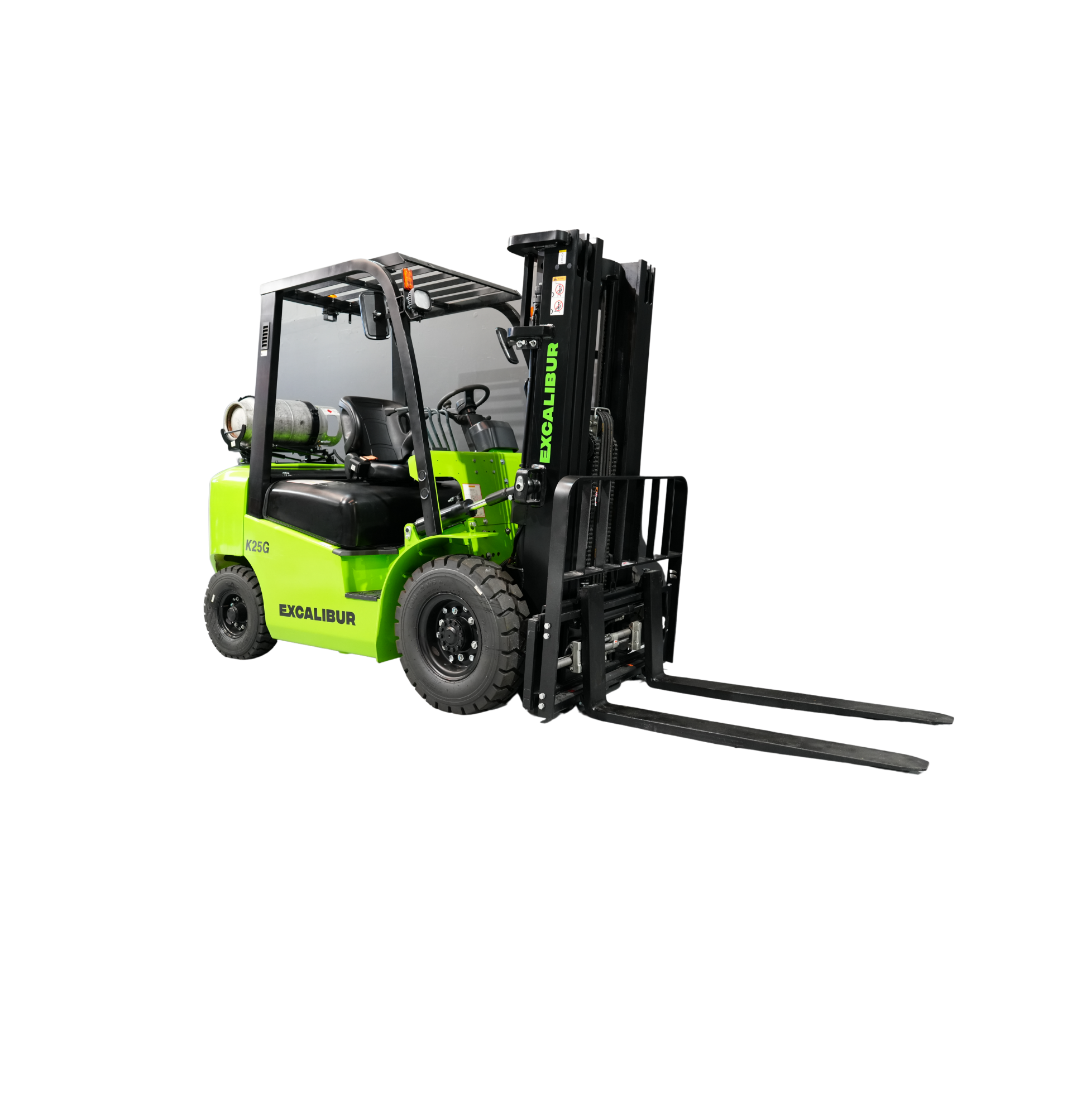 Green Excalibur forklift with extended forks, ideal for lifting and moving heavy loads in warehouses.