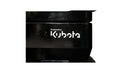 Close-up of 'Powered by Kubota' label on heavy equipment engine, showcasing brand quality.
